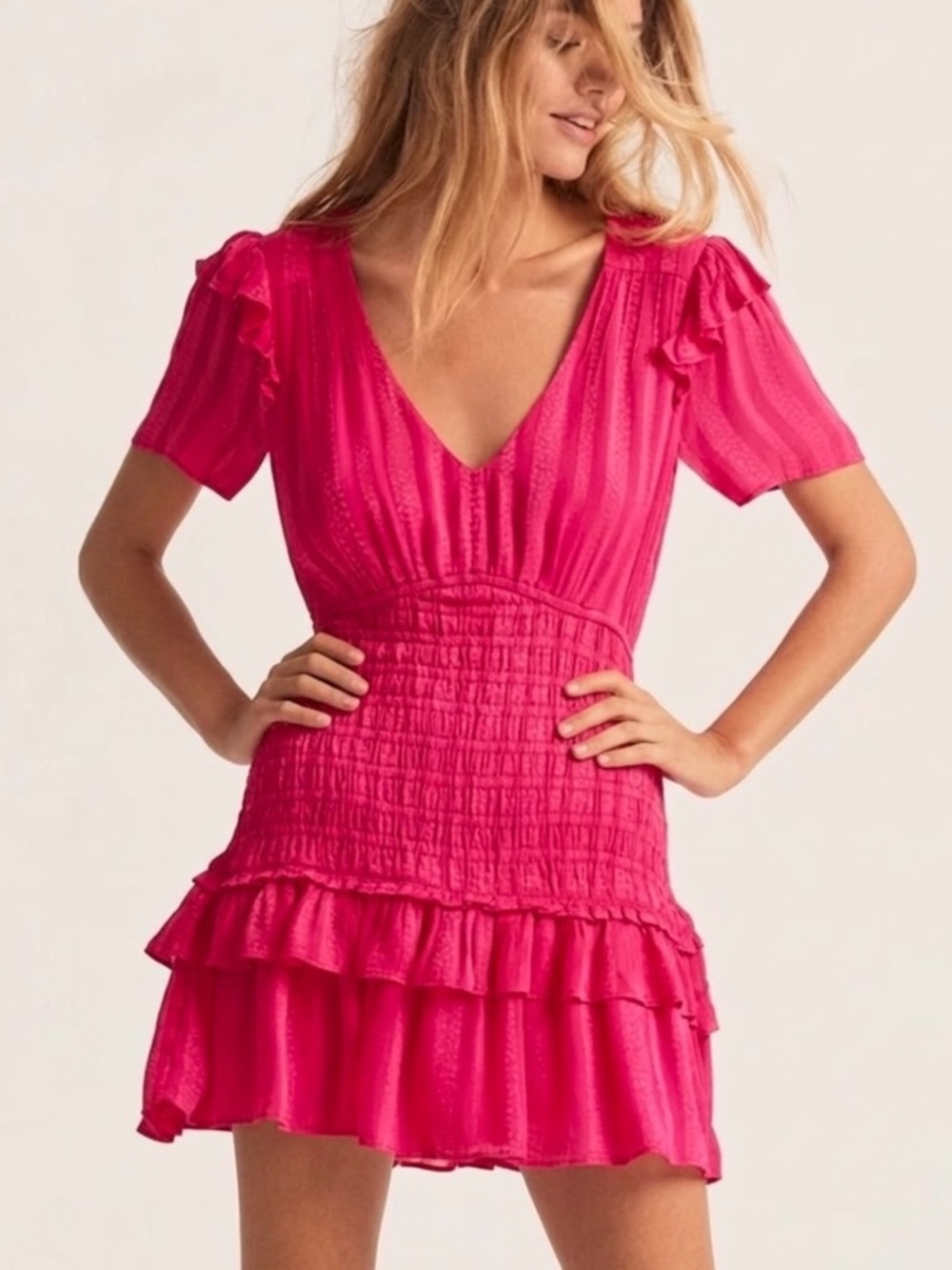 LoveShackFancy Rena Smocked Mini Dress Sz L Watermelon Ice Tiered Ruffles Spring